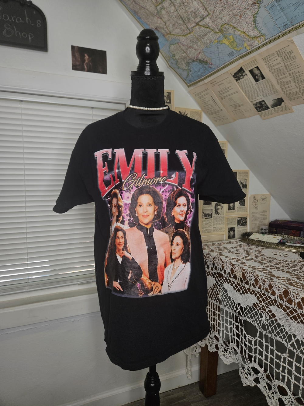 Gildan Black Emily Gilmore Graphic Tee with Pink and Red Print
